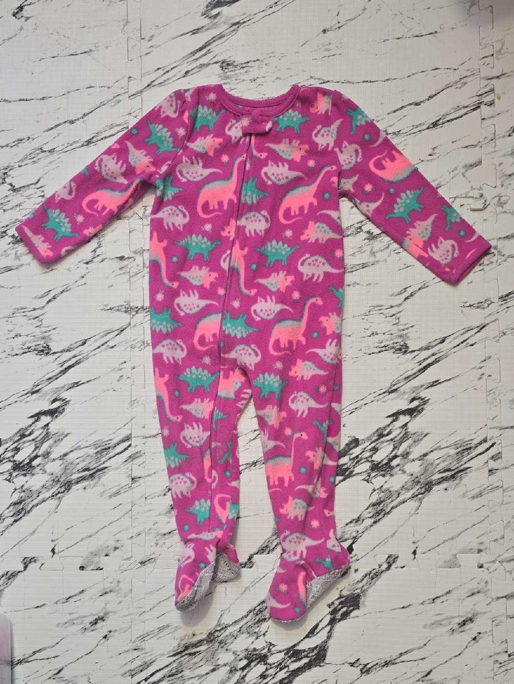 Toddler Pink Dinosaur Footed Pajamas with Teal Accents